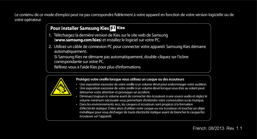 Samsung GT-S5839UWIFTM, GT-S5839RWILPM, GT-S5839UWISFR, GT-S5839RWIVGF, GT-S5839RWIBOG manual Pour installer Samsung Kies 