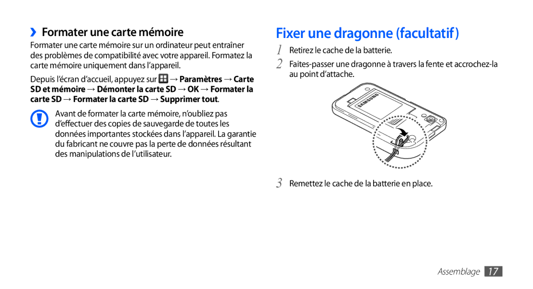 Samsung GT-S5839UWIXEF, GT-S5839RWILPM, GT-S5839UWISFR manual Fixer une dragonne facultatif, ››Formater une carte mémoire 