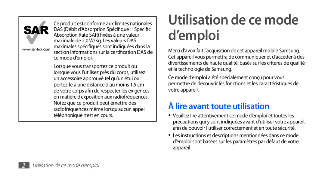 Samsung GT-S5839RWIVGF, GT-S5839RWILPM, GT-S5839UWISFR manual Utilisation de ce mode d’emploi, Lire avant toute utilisation 