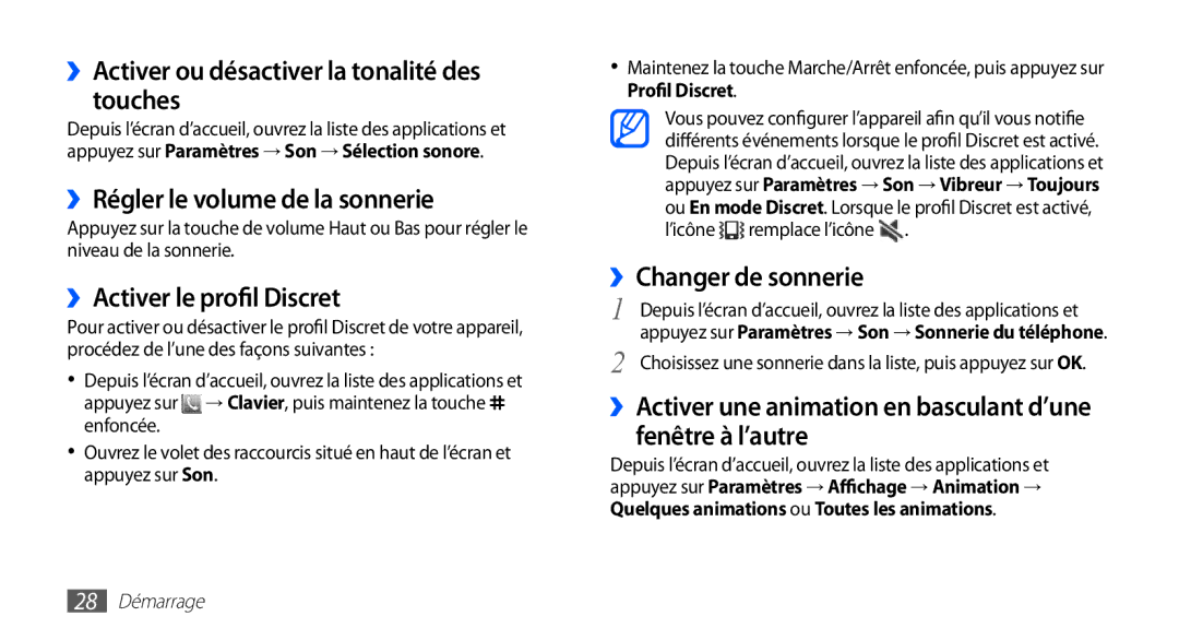 Samsung GT-S5839UWIFTM ››Activer ou désactiver la tonalité des touches, ››Régler le volume de la sonnerie, 28 Démarrage 