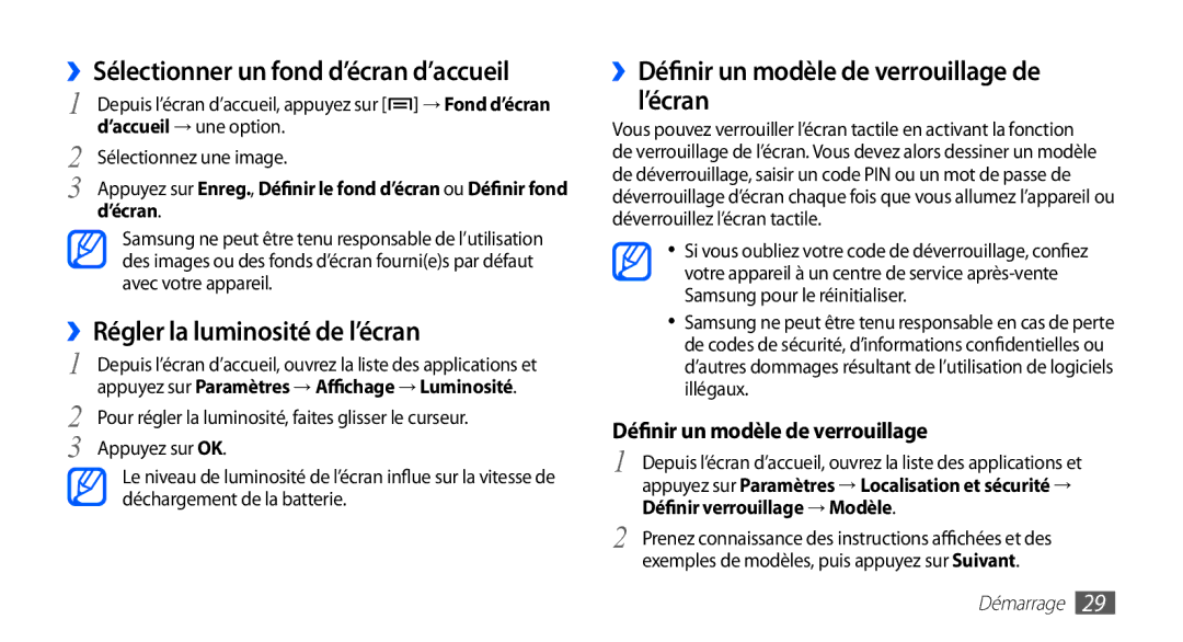 Samsung GT-S5839RWIXEF, GT-S5839RWILPM manual ››Sélectionner un fond d’écran d’accueil, ››Régler la luminosité de l’écran 