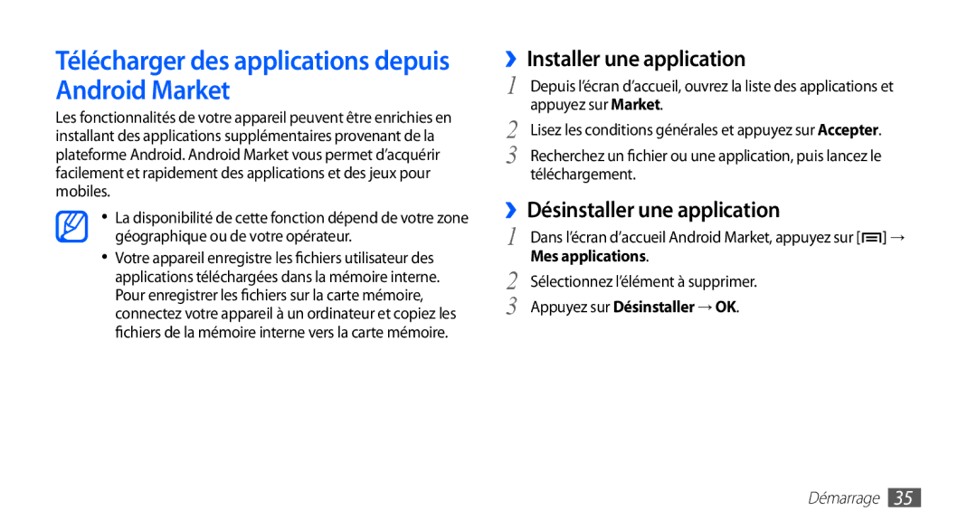 Samsung GT-S5839RWISFR Télécharger des applications depuis Android Market, ››Installer une application, Mes applications 