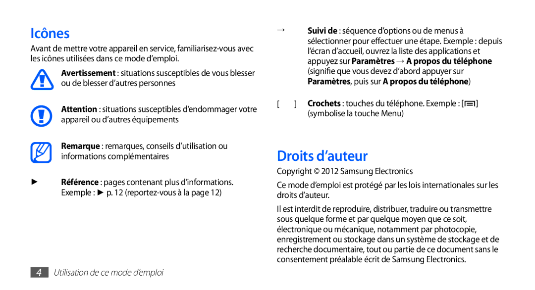 Samsung GT-S5839OKISFR, GT-S5839RWILPM, GT-S5839UWISFR, GT-S5839RWIVGF Icônes, Droits d’auteur, Symbolise la touche Menu 