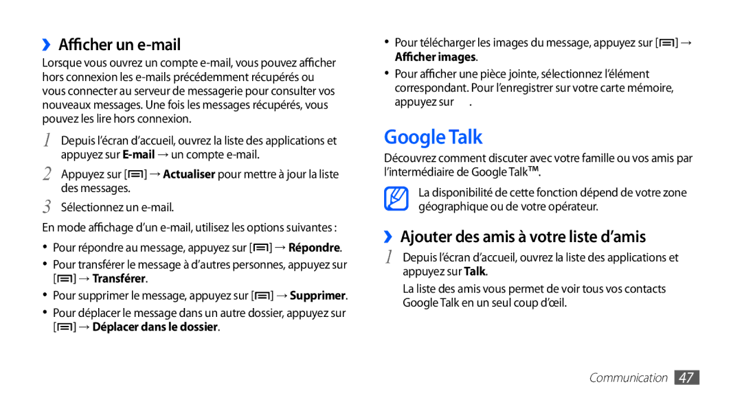 Samsung GT-S5839UWINRJ, GT-S5839RWILPM manual Google Talk, ››Afficher un e-mail, ››Ajouter des amis à votre liste d’amis 