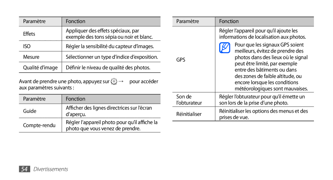 Samsung GT-S5839OKILPM Mesure, → pour accéder, Aux paramètres suivants Paramètre Fonction Guide, ’aperçu Compte-rendu 