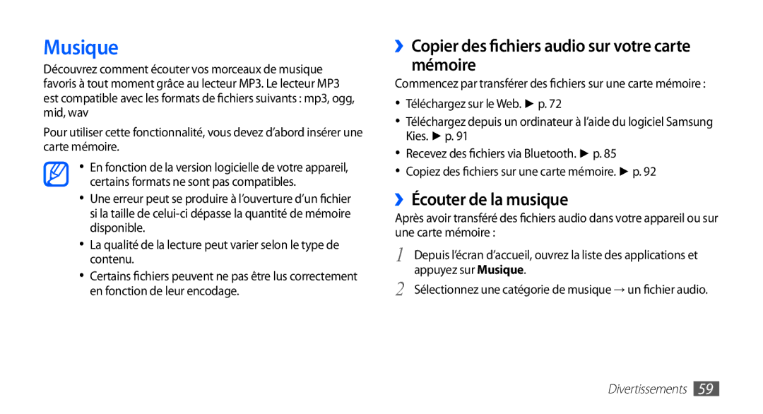 Samsung GT-S5839UWIXEF manual Musique, ››Copier des fichiers audio sur votre carte mémoire, ››Écouter de la musique 