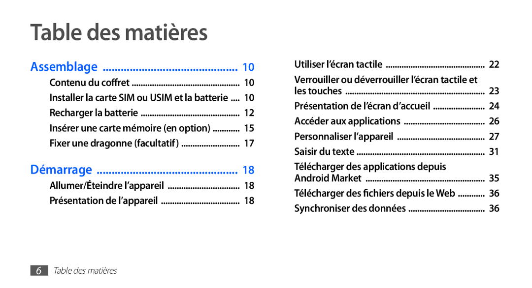 Samsung GT-S5839UWILPM, GT-S5839RWILPM, GT-S5839UWISFR, GT-S5839RWIVGF, GT-S5839RWIBOG, GT-S5839OKISFR manual Table des matières 