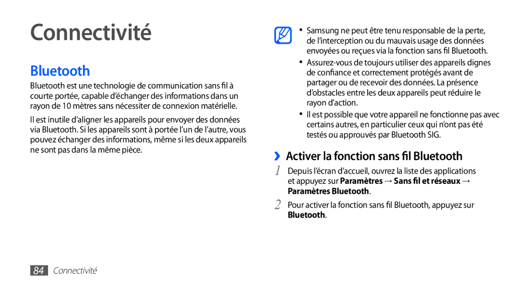 Samsung GT-S5839RWILPM, GT-S5839UWISFR, GT-S5839RWIVGF manual Connectivité, ››Activer la fonction sans fil Bluetooth 