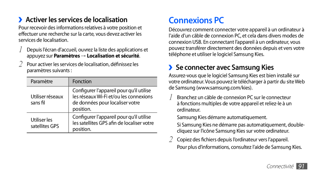 Samsung GT-S5839UWIFTM manual Connexions PC, ››Activer les services de localisation, ››Se connecter avec Samsung Kies 