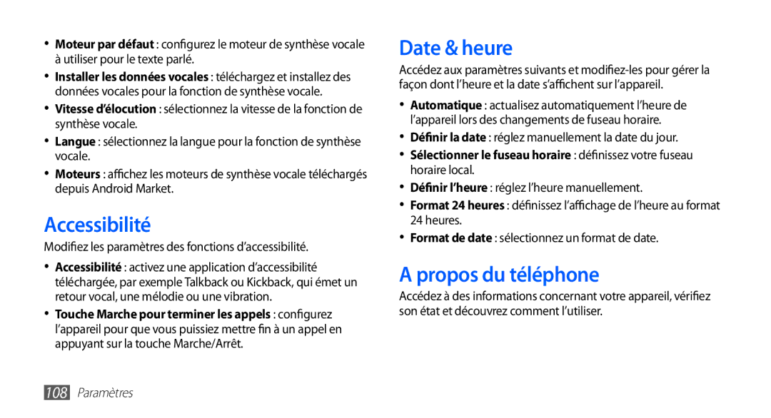 Samsung GT-S5839RWIBOG, GT-S5839RWILPM, GT-S5839UWISFR, GT-S5839RWIVGF manual Accessibilité, Date & heure, Propos du téléphone 