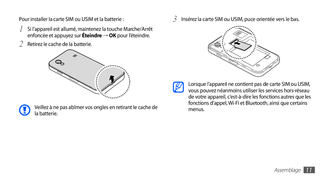 Samsung GT-S5839PPIXEF, GT-S5839RWILPM Pour installer la carte SIM ou Usim et la batterie, Retirez le cache de la batterie 