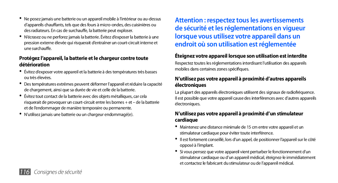 Samsung GT-S5839PPIXEF, GT-S5839RWILPM, GT-S5839UWISFR manual ’utilisez jamais une batterie ou un chargeur endommagée 