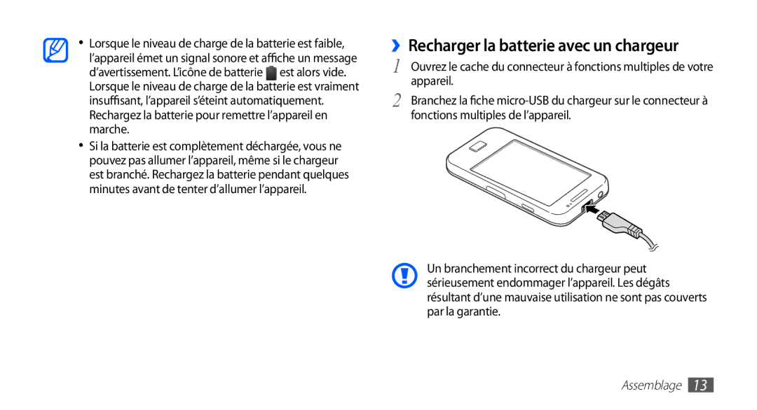 Samsung GT-S5839OKIFTM manual ››Recharger la batterie avec un chargeur, Appareil, Fonctions multiples de l’appareil 