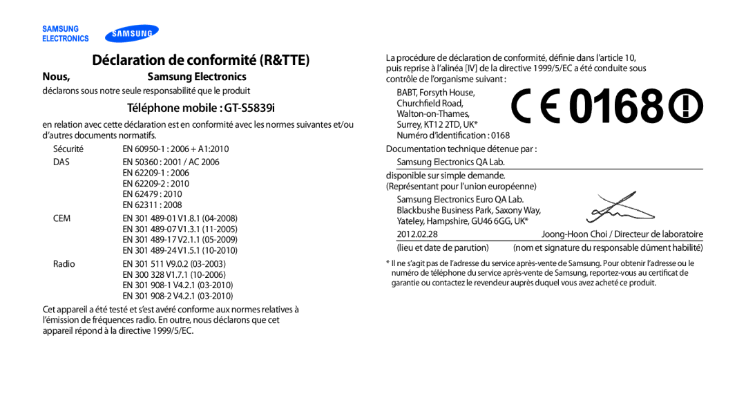 Samsung GT-S5839OKISFR, GT-S5839RWILPM, GT-S5839UWISFR, GT-S5839RWIVGF, GT-S5839RWIBOG manual Téléphone mobile GT-S5839i, Cem 