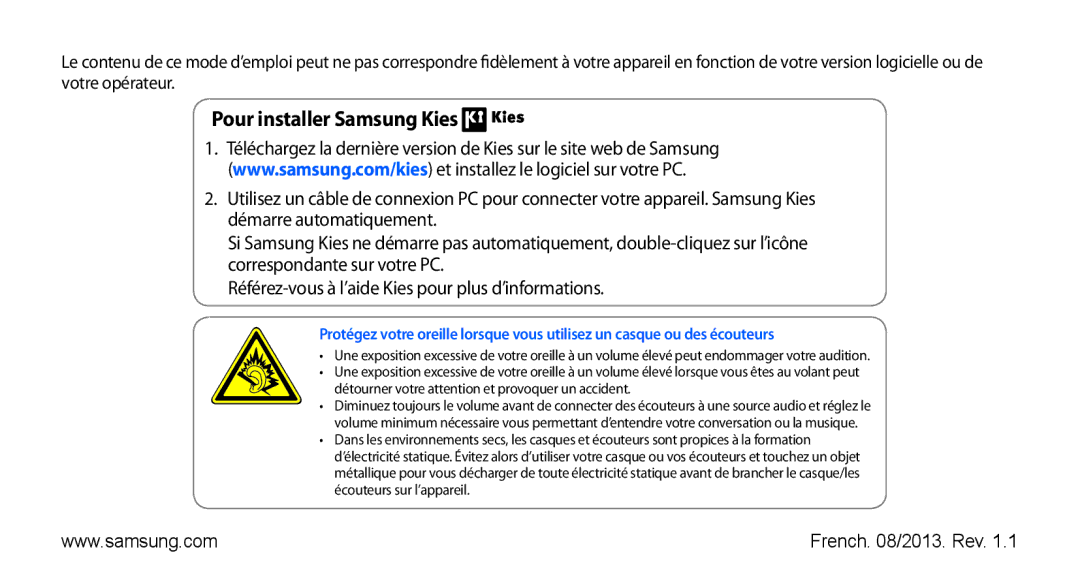 Samsung GT-S5839UWINRJ, GT-S5839RWILPM, GT-S5839UWISFR, GT-S5839RWIVGF, GT-S5839RWIBOG manual Pour installer Samsung Kies 