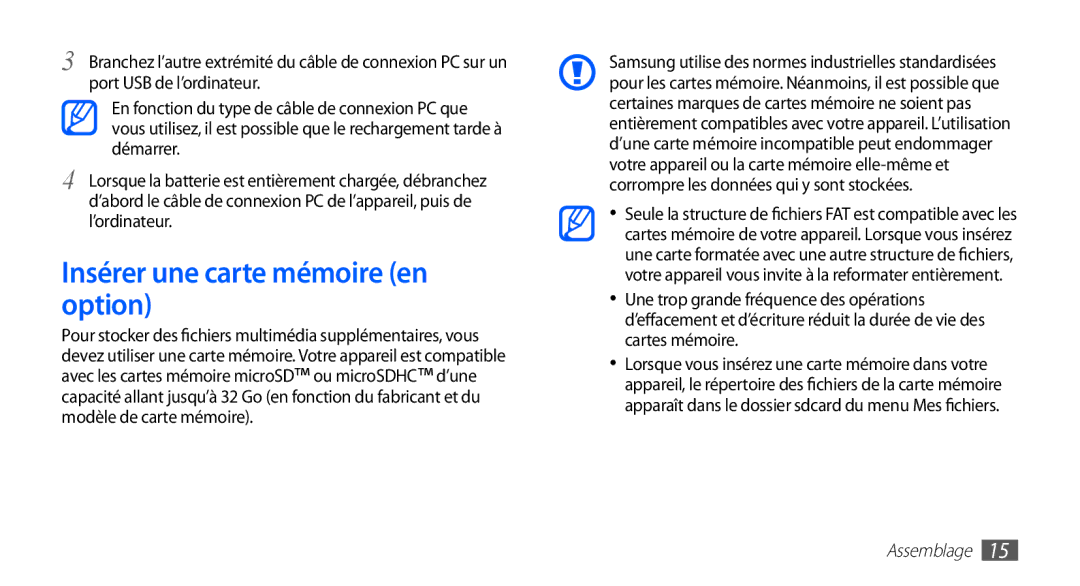 Samsung GT-S5839RWIFRE, GT-S5839RWILPM, GT-S5839UWISFR, GT-S5839RWIVGF, GT-S5839RWIBOG Insérer une carte mémoire en option 