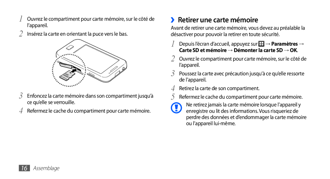 Samsung GT-S5839UWIFRE manual ››Retirer une carte mémoire, De l’appareil, Retirez la carte de son compartiment 