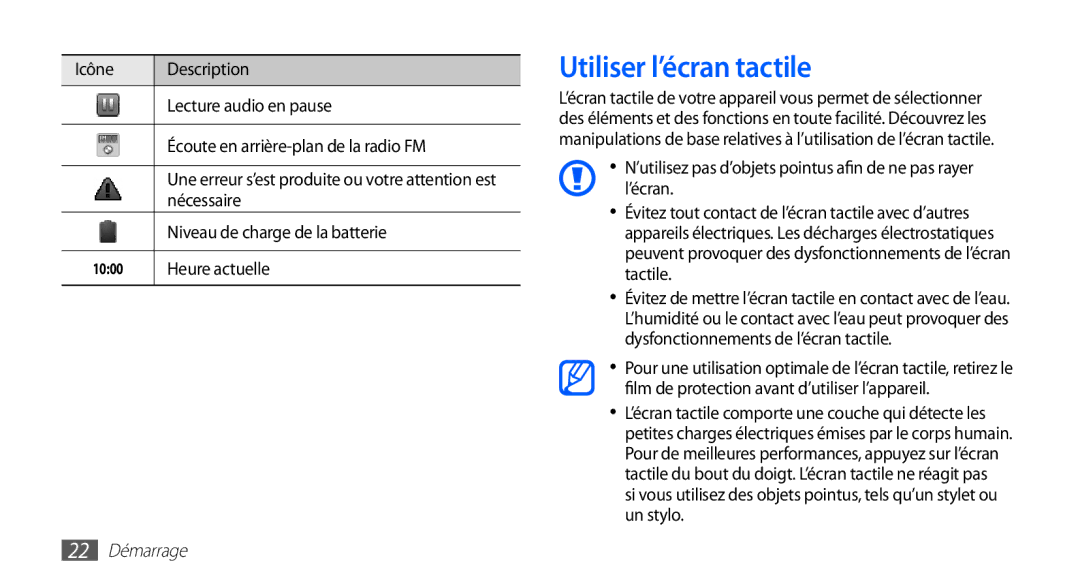 Samsung GT-S5839UWISFR Utiliser l’écran tactile, Nécessaire, Niveau de charge de la batterie, Heure actuelle, 22 Démarrage 