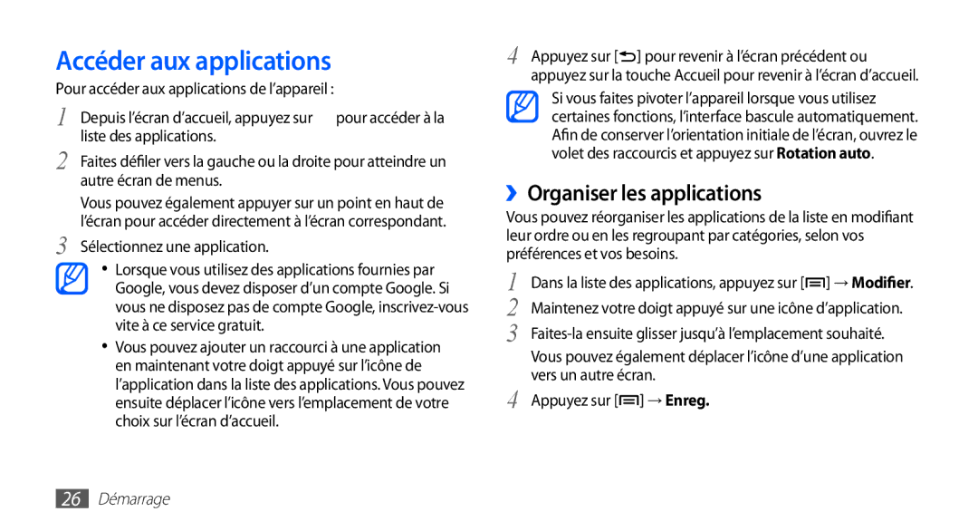 Samsung GT-S5839UWINRJ, GT-S5839RWILPM, GT-S5839UWISFR Accéder aux applications, ››Organiser les applications, 26 Démarrage 