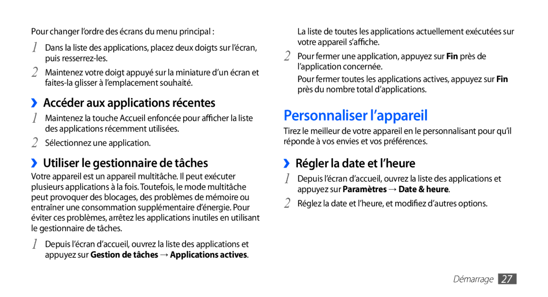 Samsung GT-S5839UWILPM Personnaliser l’appareil, ››Accéder aux applications récentes, ››Utiliser le gestionnaire de tâches 