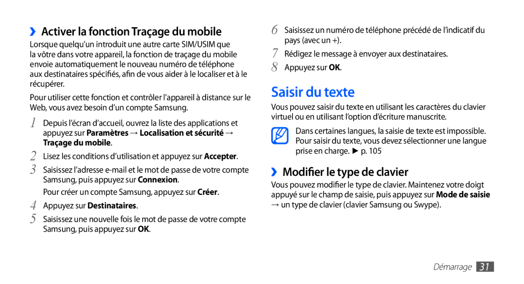 Samsung GT-S5839RWINRJ manual Saisir du texte, ››Activer la fonction Traçage du mobile, ››Modifier le type de clavier 