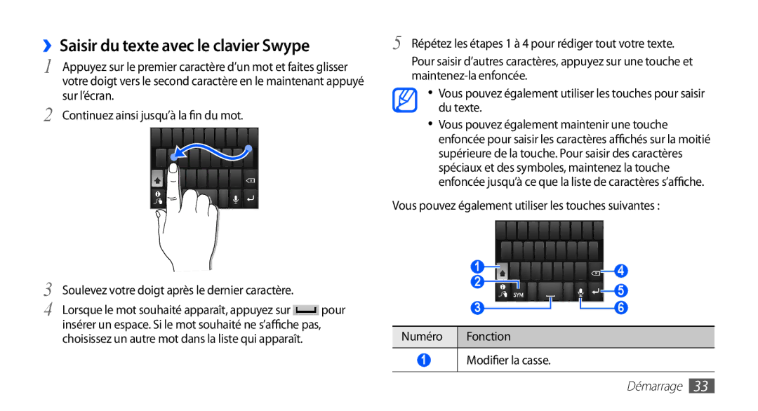 Samsung GT-S5839OKILPM manual ››Saisir du texte avec le clavier Swype, Sur l’écran, Continuez ainsi jusqu’à la fin du mot 