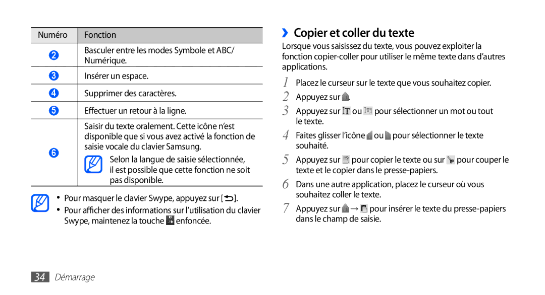 Samsung GT-S5839OKIFTM, GT-S5839RWILPM, GT-S5839UWISFR, GT-S5839RWIVGF manual ››Copier et coller du texte, 34 Démarrage 