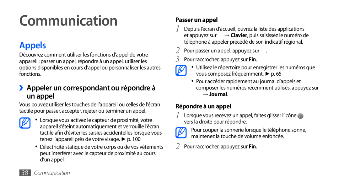 Samsung GT-S5839UWIXEF, GT-S5839RWILPM Communication, Appels, ››Appeler un correspondant ou répondre à un appel, → Journal 