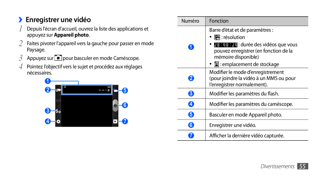 Samsung GT-S5839OKIFTM, GT-S5839RWILPM, GT-S5839UWISFR manual ››Enregistrer une vidéo, Afficher la dernière vidéo capturée 