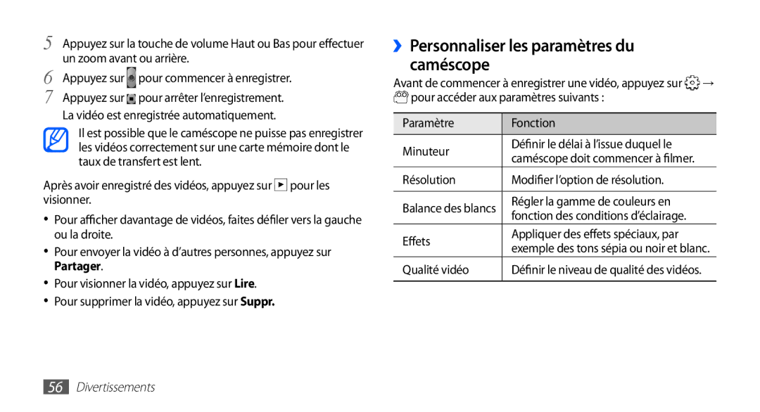 Samsung GT-S5839RWISFR manual ››Personnaliser les paramètres du caméscope, Résolution Modifier l’option de résolution 