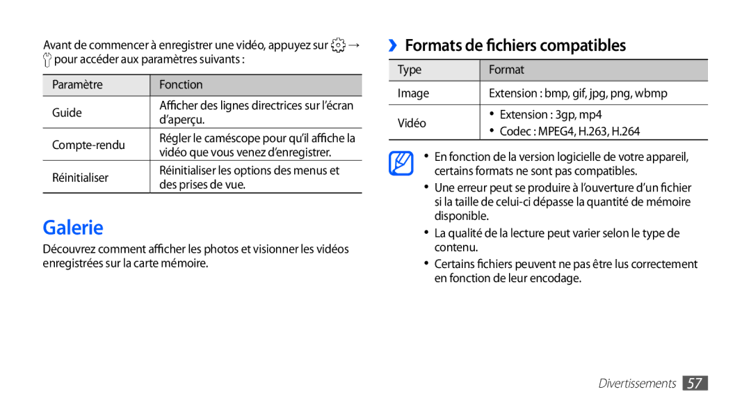 Samsung GT-S5839RWIFRE, GT-S5839RWILPM, GT-S5839UWISFR manual Galerie, ››Formats de fichiers compatibles, Des prises de vue 