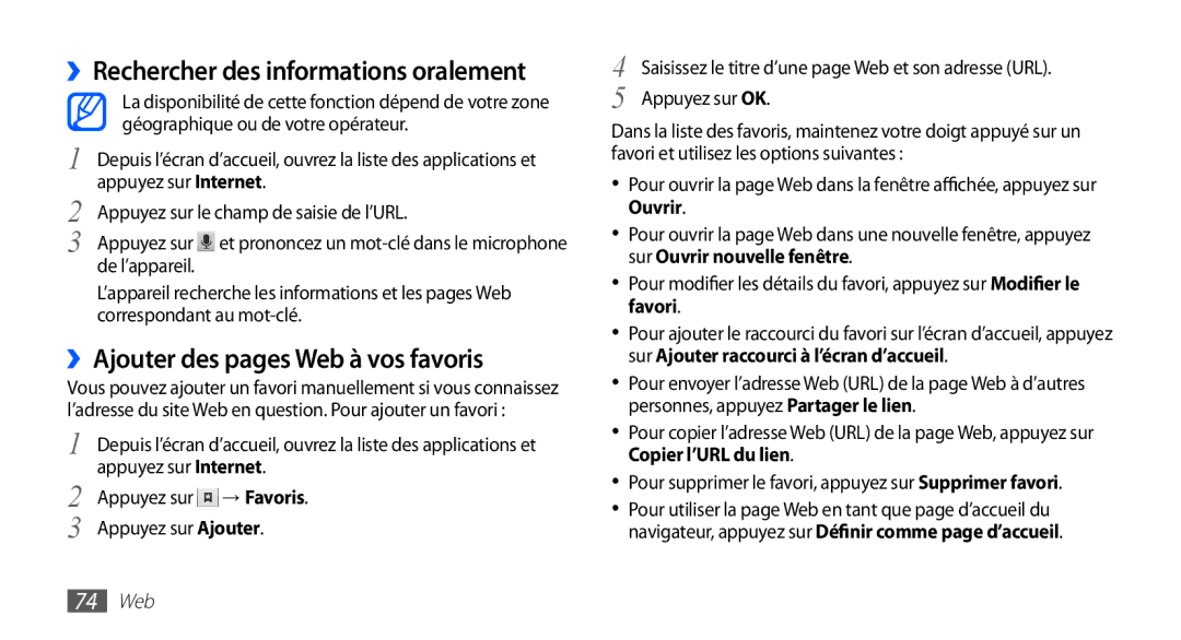 Samsung GT-S5839PPIXEF manual ››Rechercher des informations oralement, ››Ajouter des pages Web à vos favoris, 74 Web 