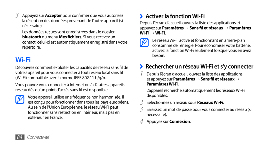 Samsung GT-S5839RWILPM, GT-S5839UWISFR, GT-S5839RWIVGF, GT-S5839RWIBOG, GT-S5839OKISFR manual ››Activer la fonction Wi-Fi 