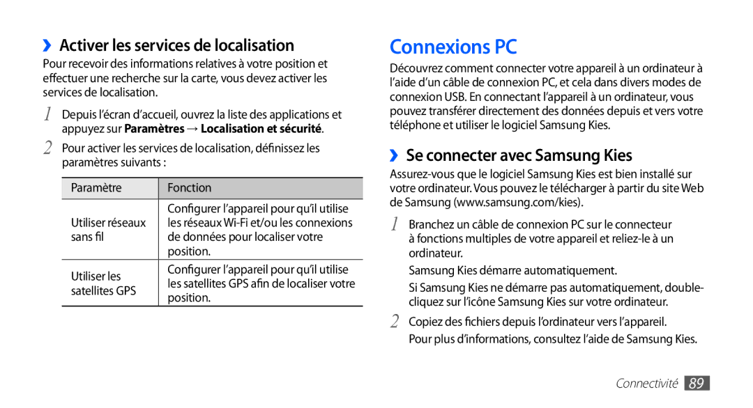 Samsung GT-S5839UWINRJ manual Connexions PC, ››Activer les services de localisation, ››Se connecter avec Samsung Kies 