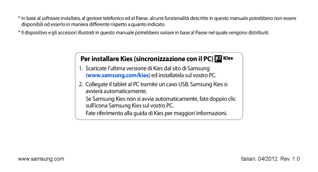 Samsung GT-S5839OKIOMN, GT-S5839RWIOMN, GT-S5839XKIOMN, GT-S5839UWIOMN manual Per installare Kies sincronizzazione con il PC 