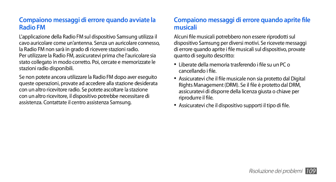 Samsung GT-S5839RWIOMN, GT-S5839OKIOMN, GT-S5839XKIOMN manual Compaiono messaggi di errore quando avviate la Radio FM 