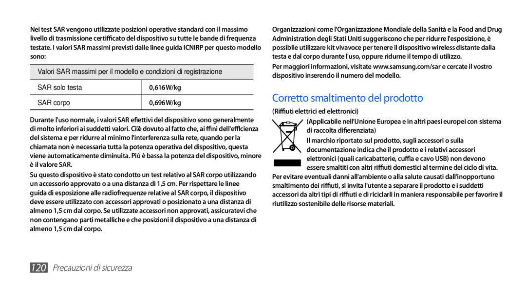 Samsung GT-S5839OKIOMN, GT-S5839RWIOMN, GT-S5839XKIOMN, GT-S5839UWIOMN, GT-S5839PPIOMN manual Corretto smaltimento del prodotto 