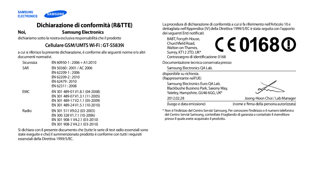 Samsung GT-S5839RWIOMN, GT-S5839OKIOMN, GT-S5839XKIOMN, GT-S5839UWIOMN manual Cellulare GSM/UMTS Wi-Fi GT-S5839i, Emc 