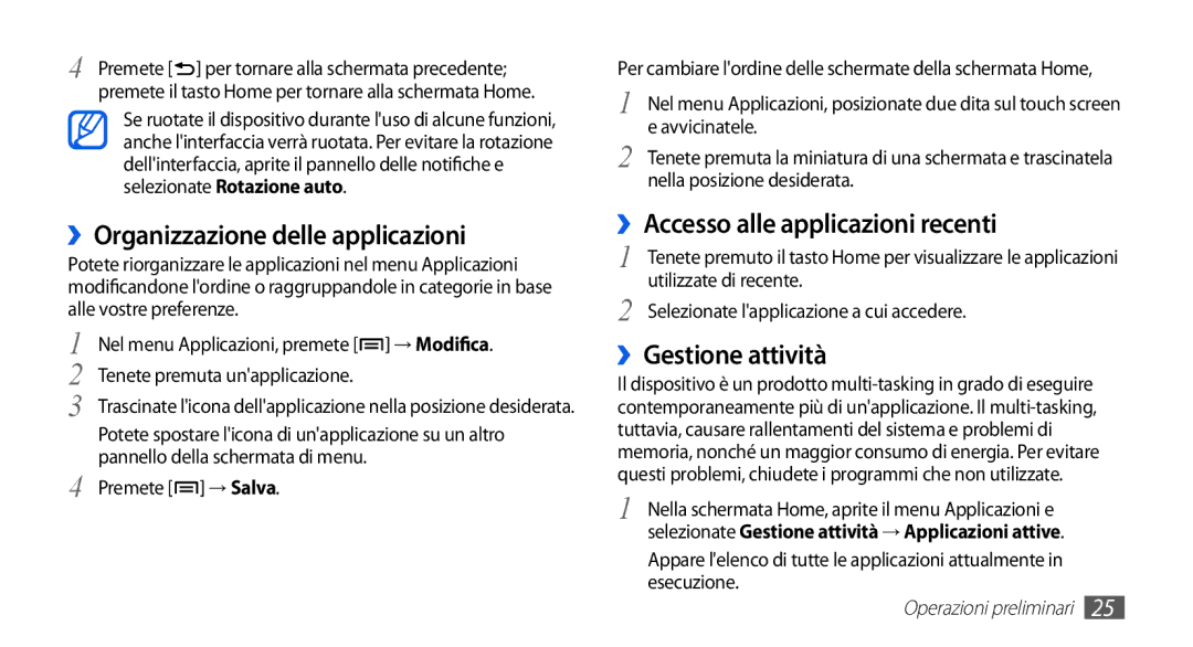 Samsung GT-S5839OKIOMN manual ››Organizzazione delle applicazioni, ››Accesso alle applicazioni recenti, ››Gestione attività 