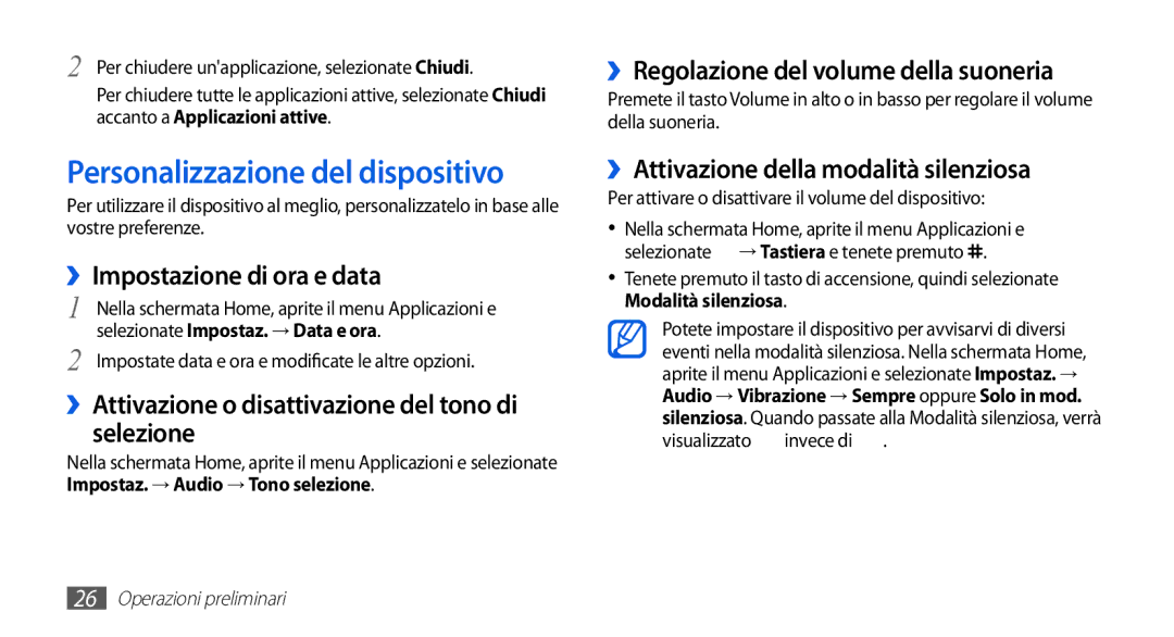 Samsung GT-S5839XKIOMN, GT-S5839RWIOMN, GT-S5839OKIOMN manual Personalizzazione del dispositivo, ››Impostazione di ora e data 