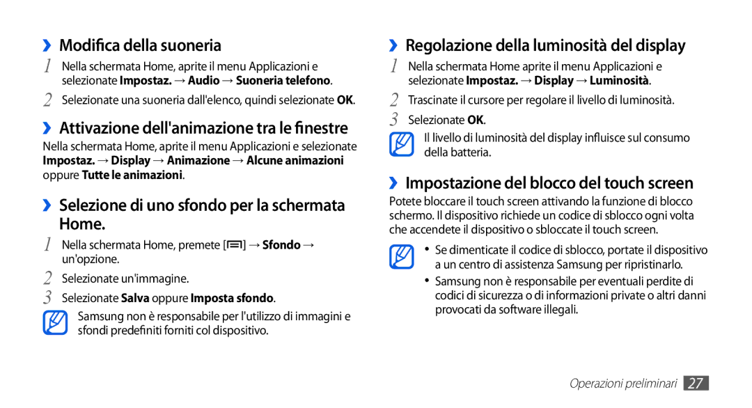 Samsung GT-S5839UWIOMN, GT-S5839RWIOMN manual ››Modifica della suoneria, ››Attivazione dellanimazione tra le finestre 