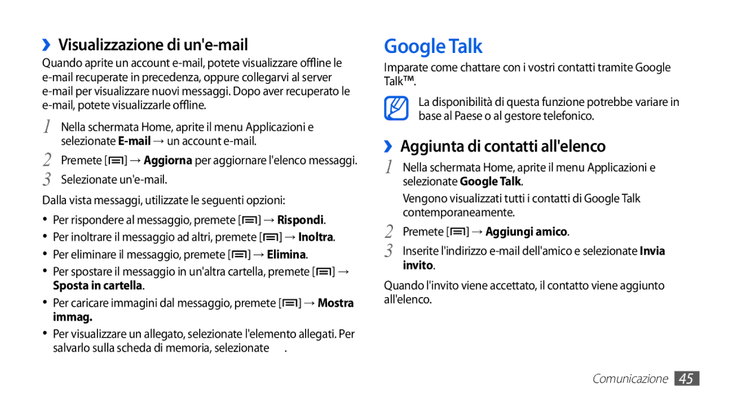 Samsung GT-S5839OKIOMN, GT-S5839RWIOMN manual Google Talk, ››Visualizzazione di une-mail, ››Aggiunta di contatti allelenco 