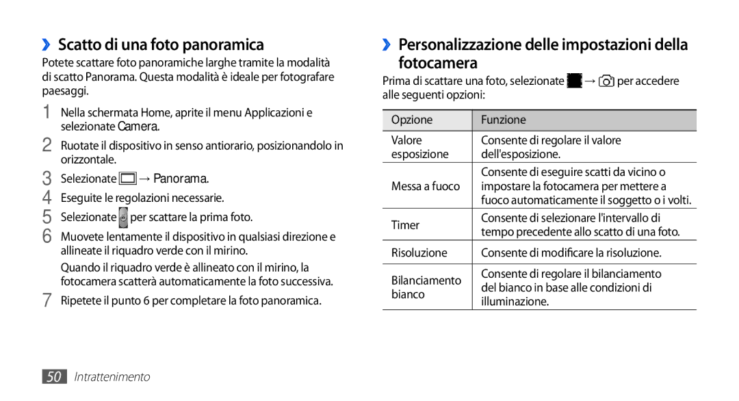 Samsung GT-S5839OKIOMN manual ››Scatto di una foto panoramica, ››Personalizzazione delle impostazioni della fotocamera 