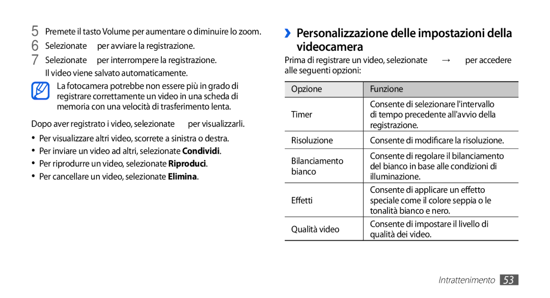 Samsung GT-S5839PPIOMN manual ››Personalizzazione delle impostazioni della videocamera, Timer, Registrazione, Bilanciamento 