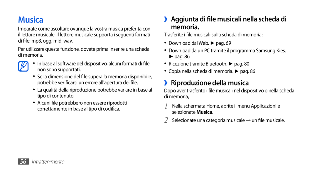 Samsung GT-S5839XKIOMN, GT-S5839RWIOMN, GT-S5839OKIOMN manual Musica, Memoria, ››Riproduzione della musica, Nella scheda di 