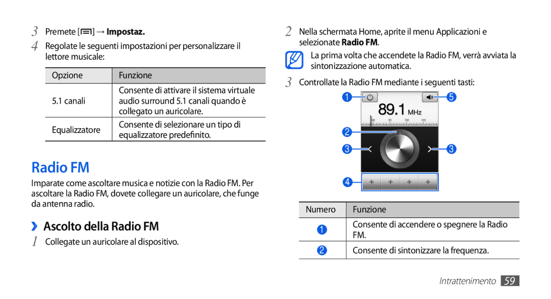 Samsung GT-S5839RWIOMN, GT-S5839OKIOMN manual ››Ascolto della Radio FM, Premete, → Impostaz, Collegato un auricolare 