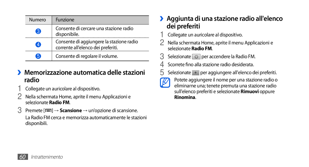 Samsung GT-S5839OKIOMN, GT-S5839RWIOMN, GT-S5839XKIOMN, GT-S5839UWIOMN manual ››Memorizzazione automatica delle stazioni radio 