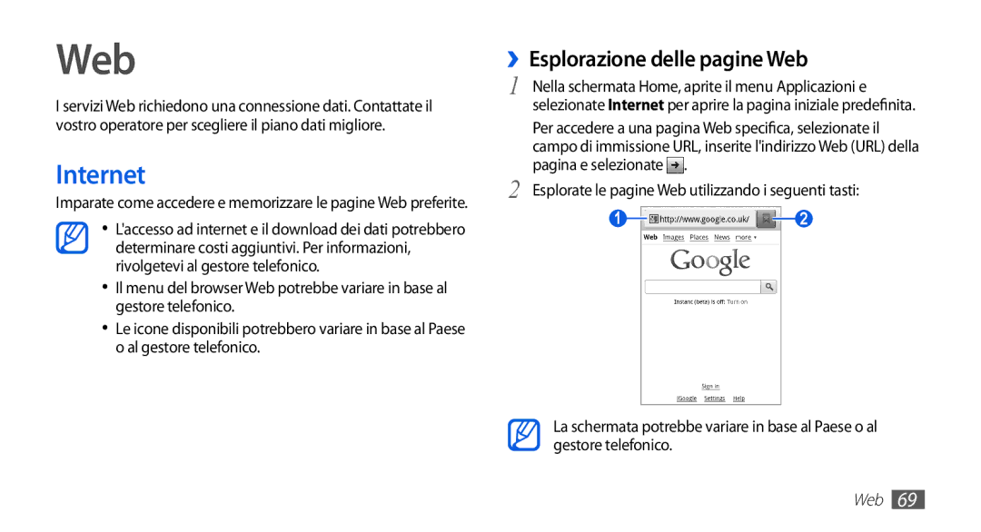 Samsung GT-S5839RWIOMN, GT-S5839OKIOMN, GT-S5839XKIOMN, GT-S5839UWIOMN manual Internet, ››Esplorazione delle pagine Web 