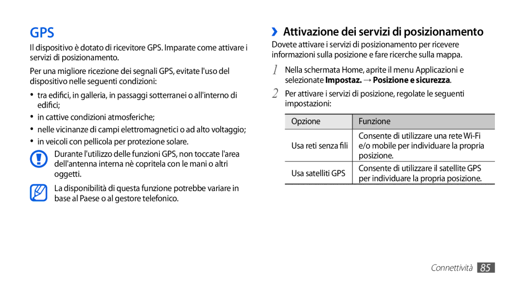 Samsung GT-S5839OKIOMN, GT-S5839RWIOMN, GT-S5839XKIOMN manual ››Attivazione dei servizi di posizionamento, Posizione 