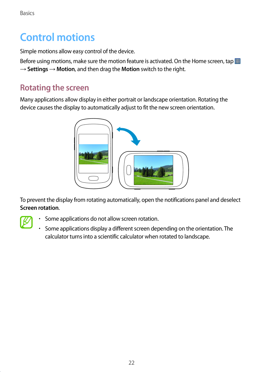 Samsung GT-S6010BBAITV, GT-S6010BBADBT, GT-S6010RWAITV manual Control motions, Rotating the screen 